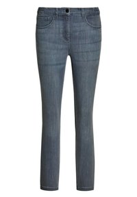 Jeans en denim bleu foncé, avec une coupe slim, cinq poches et une taille plate avec passants de ceinture. Texture douce et lignes verticales subtiles.