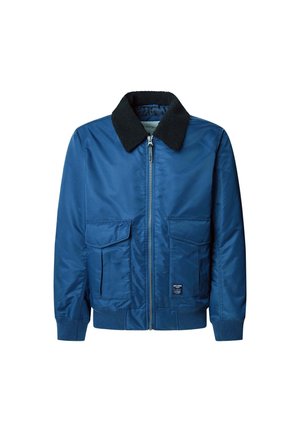 Navy blue bomber jacket with a zip front, black shearling collar, two front pockets, ribbed cuffs, and hem. Smooth outer material, minimal styling.