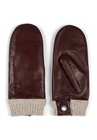 Bruine leren wanten met een gebreide beige manchet, met een duimgedeelte, en een metalen knoopdetail aan één zijde.