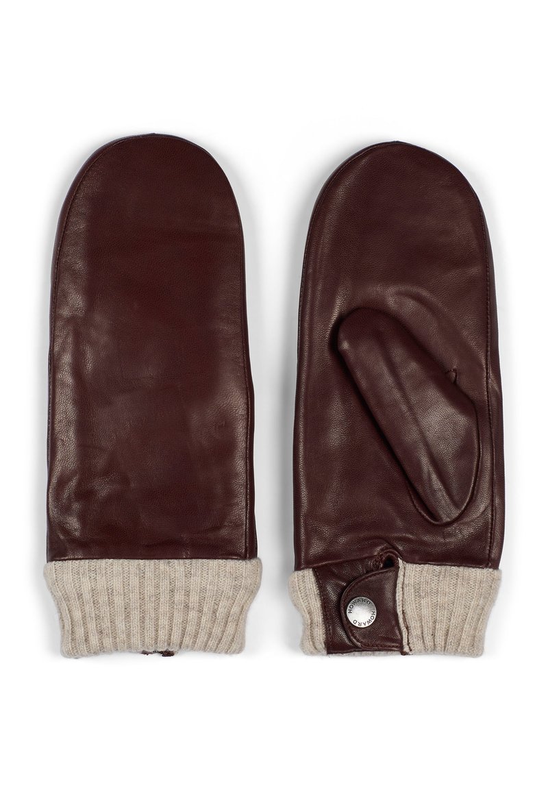 Bruine leren wanten met een gebreide beige manchet, met een duimgedeelte, en een metalen knoopdetail aan één zijde.