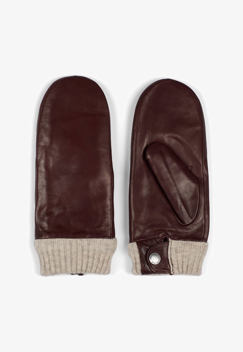 Brown leather mittens with a knitted beige cuff, featuring a thumb section, with a metallic button detail on one side.