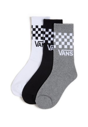 Tre paia di calze da crew in bianco, nero e grigio con un motivo a scacchi e il logo 'VANS', realizzate in un morbido materiale a costine.