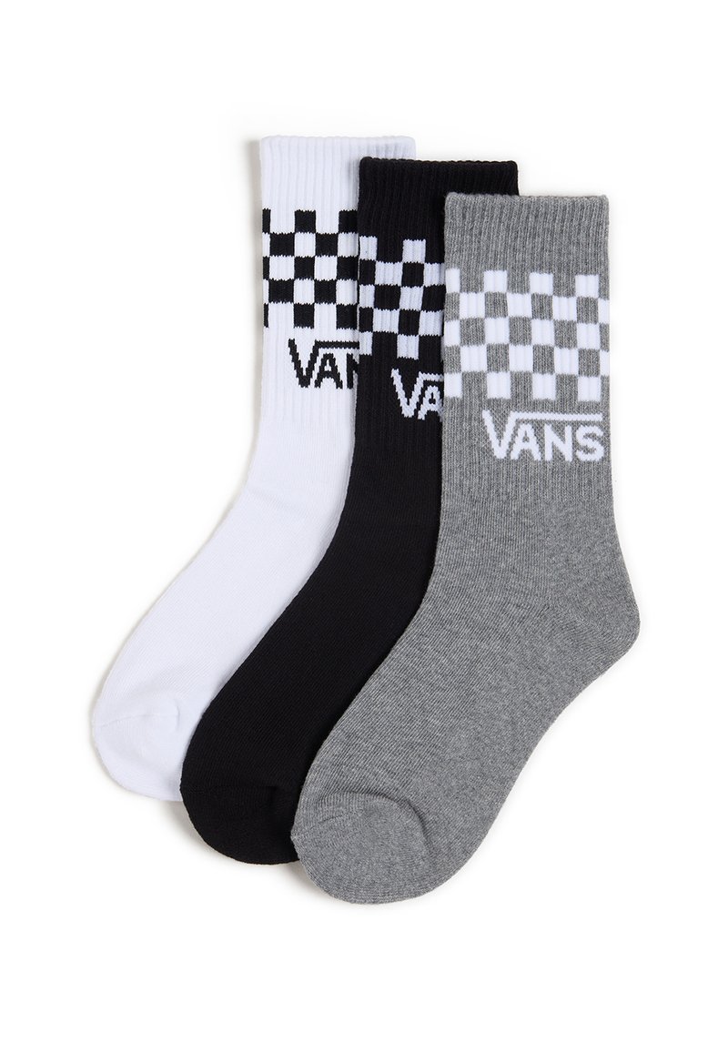 Tre paia di calze da crew in bianco, nero e grigio con un motivo a scacchi e il logo 'VANS', realizzate in un morbido materiale a costine.