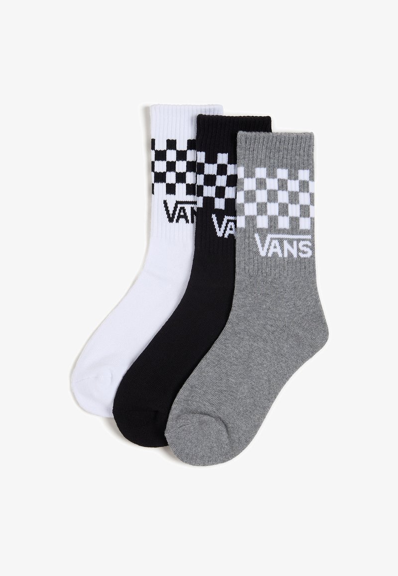 Tre paia di calze da crew in bianco, nero e grigio con un motivo a scacchi e il logo 'VANS', realizzate in un morbido materiale a costine.