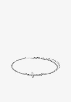 Sølvkædearmbånd med et vandret tekstureret kors og et justerbart lås, mærket med "SEIZMONT" tag.