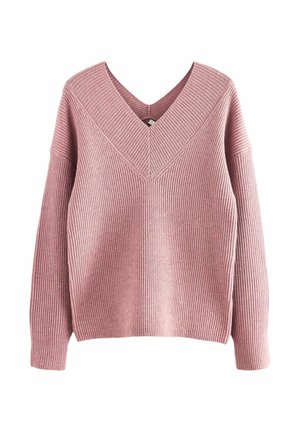 Rosa gestrickter Pullover mit tiefem V-Ausschnitt, geripptem Muster und überschnittenen Schultern, der ein sauberes, minimalistisches Design aufweist.