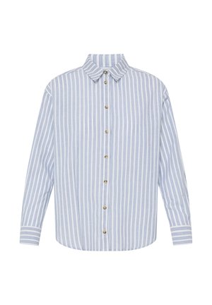 Hosszú ujjú, gombos ing kék-fehér függőleges csíkokkal és klasszikus gallérral.