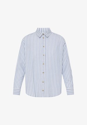 Hosszú ujjú, gombos ing kék-fehér függőleges csíkokkal és klasszikus gallérral.