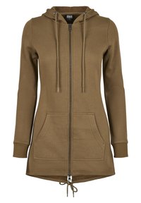 Olivově zelená mikina s kapsami na zip vyrobená z měkké látky, s kapucí na šňůrku a žebrovanými manžetami. Ušitá ve delším střihu.
