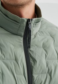 Hellgrüne gesteppte Jacke mit durchgehendem Reißverschluss, strukturiertem Kragen und schwarzen Reißverschlussdetails. Aus glattem, leichtem Stoff gefertigt.