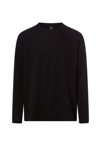 Schwarzer langärmliger Pullover aus strukturiertem Rippenstoff mit Rundhalsausschnitt und Raglanärmeln. Verfügt über ein dezentes Logo auf der Brust.