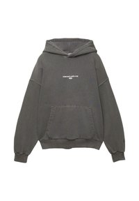 Grauer Kapuzenpullover mit einer großen Fronttasche, gerippte Bündchen und weißem "interact with me"-Text auf der Brust. Weicher, Baumwollmischstoff.