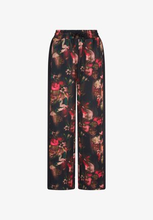 Wijdvallende broek met een elastische tailleband en trekkoord, met een donker bloemenpatroon in rode, roze en groene tinten.