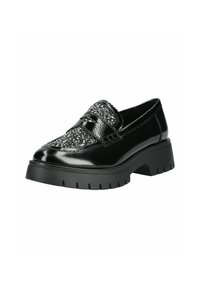 Zwarte lakschoenen met een gestructureerde metalen zilveren punt. Chunky zwarte rubberen zool en een verstelbare band over de wreef.