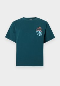 Σκούρο πετρόλ κοντομάνικο T-shirt με κείμενο «NYC City park tour» και μπλε ανθικό σχέδιο στο αριστερό στήθος.