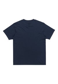 Navy modrá bavlněná tričko s krátkými rukávy, kulatým výstřihem a rovný střih. Minimalistický design, bez viditelných vzorů nebo grafik.