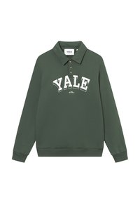 Green sweatshirt with a collar, featuring a "YALE" graphic in white lettering and three brown buttons on the placket. Plain texture.