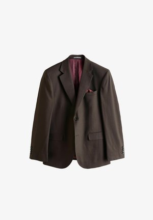 Blazer marron avec revers crantés, deux poches avant, fermeture à un bouton et doublure à motif bordeaux. Comprend un mouchoir de poche.