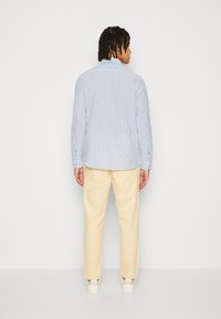 Camisa de rayas azul y blanca de manga larga con cuello botón, combinada con pantalones amarillos claros y zapatillas blancas. Vista desde atrás.