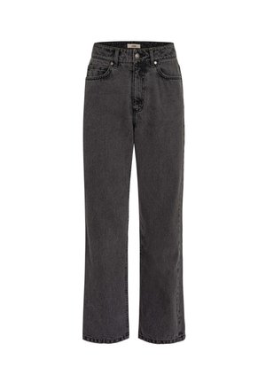 Czarne dżinsy z wysokim stanem i prostymi nogawkami, wykonane z przetartego denimu, z kieszeniami z przodu i z tyłu, zapięciem na guzik i szlufkami na pasek.