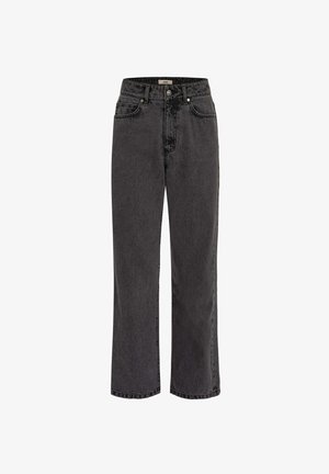 Czarne dżinsy z wysokim stanem i prostymi nogawkami, wykonane z przetartego denimu, z kieszeniami z przodu i z tyłu, zapięciem na guzik i szlufkami na pasek.