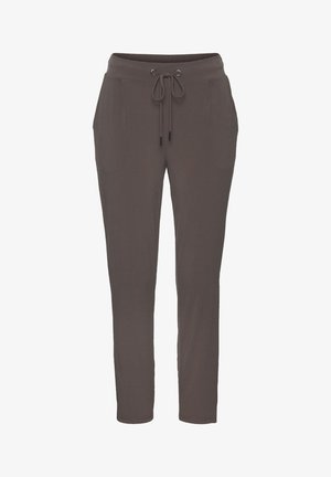 Ciemnoszare, zwężane spodnie dresowe z elastycznym pasem i przednim sznurkiem, wyposażone w boczne kieszenie.
