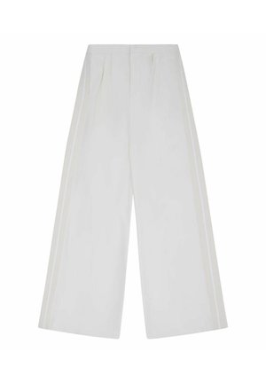 Witte wijde broek met hoge taille en zijzakken, voorzien van subtiele verticale strepen langs de buitenste naden.