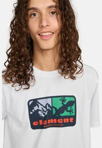 T-shirt bianco in cotone con una stampa grafica audace raffigurante montagne e una lucertola, con blocchi di colore blu e verde, arricchita dalla parola "elemento."