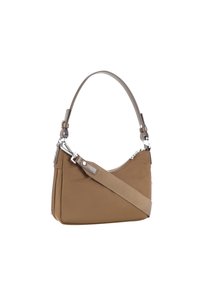 Borsa hobo in tessuto marrone con parte superiore arrotondata, dotata di una tracolla liscia e di una tracolla regolabile e staccabile con texture. Accenti in metallo argentato.