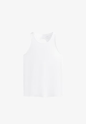 Débardeur blanc sans manches avec une découpe ronde dans le dos, texture lisse et forme simple, droite.