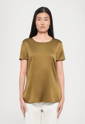 Olive green, short-sleeve blouse with a round neckline. Made of smooth fabric, featuring a relaxed fit and soft drape. Hem falls at hip level.