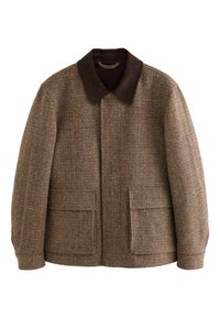 Brown checkered jacket with a dark brown corduroy collar, two front pockets, and a relaxed fit. Soft texture and mid-weight fabric.