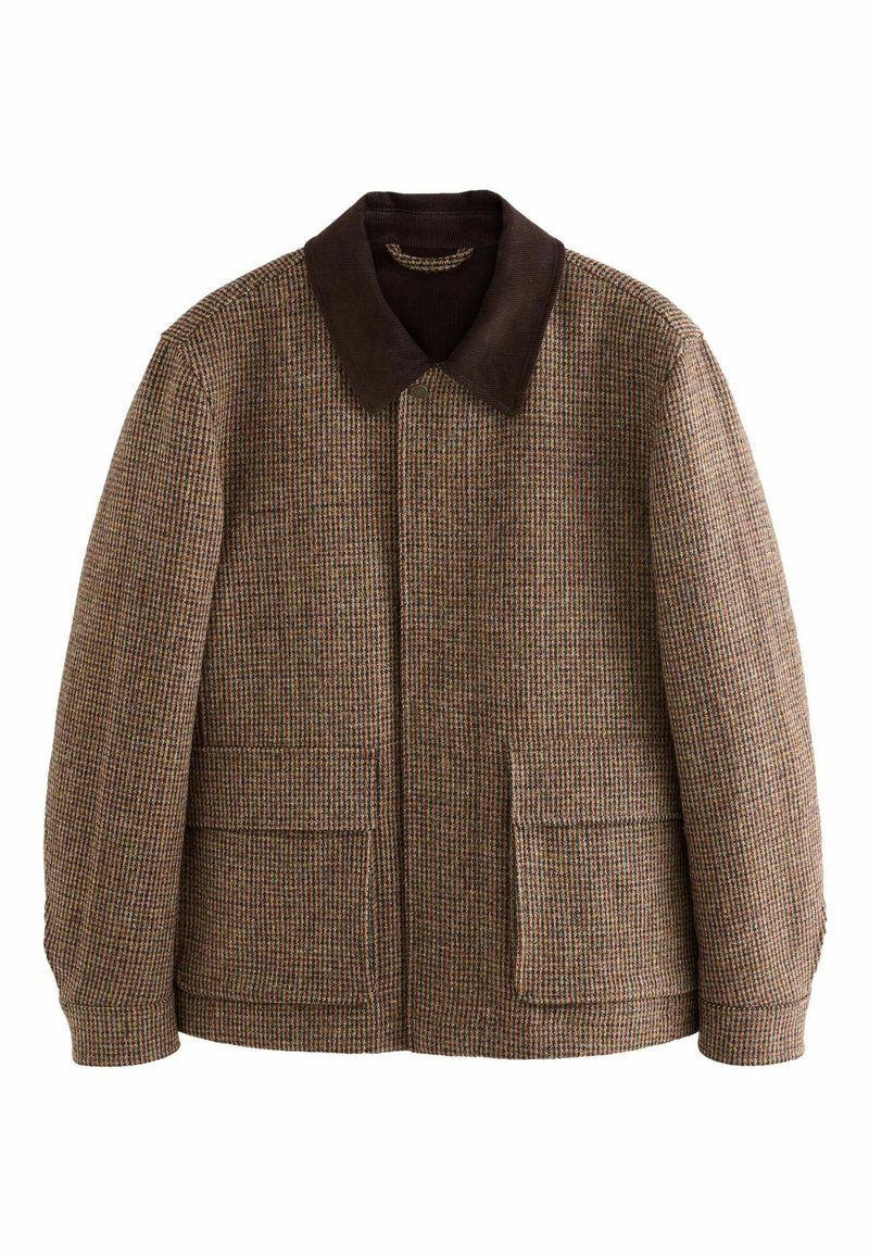 Brown checkered jacket with a dark brown corduroy collar, two front pockets, and a relaxed fit. Soft texture and mid-weight fabric.