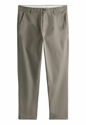 Light brown straight-leg trousers with belt loops, front button and zip closure, and angled side pockets.
