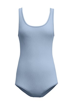 Lichtblauwe, mouwloze eendelige badpak met een ronde halslijn en standaard beenuitsnijding, weergegeven op een effen witte achtergrond.