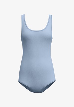 Lichtblauwe, mouwloze eendelige badpak met een ronde halslijn en standaard beenuitsnijding, weergegeven op een effen witte achtergrond.