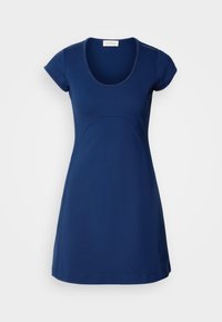 Navy blue short-sleeve dress made of smooth fabric with a round neckline and slightly flared skirt, featuring subtle seam detailing.