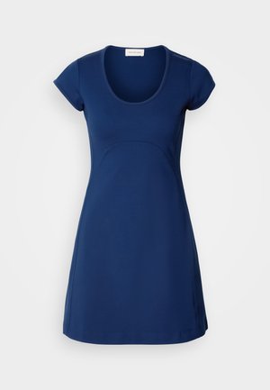 Navy blue short-sleeve dress made of smooth fabric with a round neckline and slightly flared skirt, featuring subtle seam detailing.