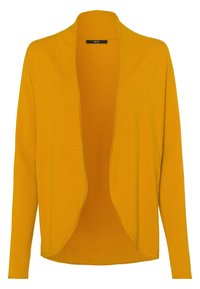 Cárdigan amarillo de punto con un patrón texturizado, diseño de frente abierto y mangas largas. Material ligero, adecuado para llevar en capas.