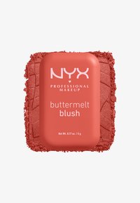 Blush buttermelt NYX Professional Makeup en teinte corail avec fond de poudre broyée, poids net 0,17 oz / 5 g.