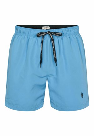Svetlo modri kopalni kratki hlače z črnim elastičnim pasom in vrvico, ki imajo majhen črn logotip na spodnji levi strani.