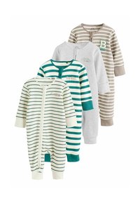Four striped baby bodysuits in varying colors: white with green stripes, teal with white stripes, light grey, and beige with brown stripes.