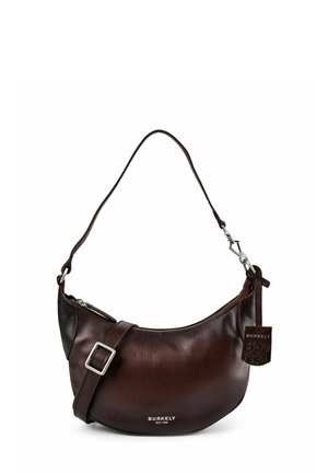 Borsa a tracolla in pelle marrone scuro con fibbia e cerniera argentate, con logo Burkely e targhetta in pelle allegata.
