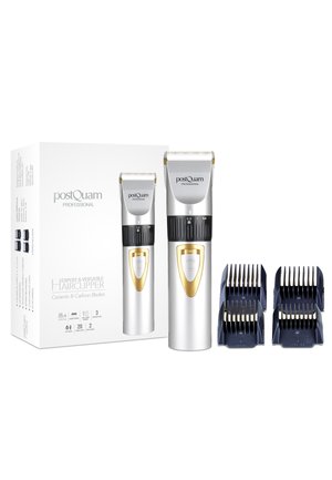 Deux tondeuses à cheveux argentées avec des accents dorés portant la marque « postQuam Professional », quatre peignes noirs et une boîte produit blanche.