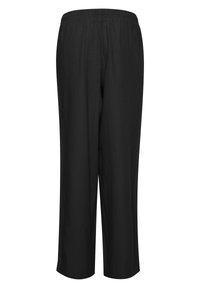 Melni, brīvi pieguļoši bikses ar elastīgu jostasvītu. Izgatavotas no viegla auduma, ar taisnas kājas dizainu un bez redzamām rakstām.