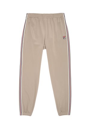 Pantaloni sportivi beige con vita e polsini elasticizzati, tasche laterali e dettagli a strisce rosse, bianche e nere lungo i lati e una piccola toppa con il logo.