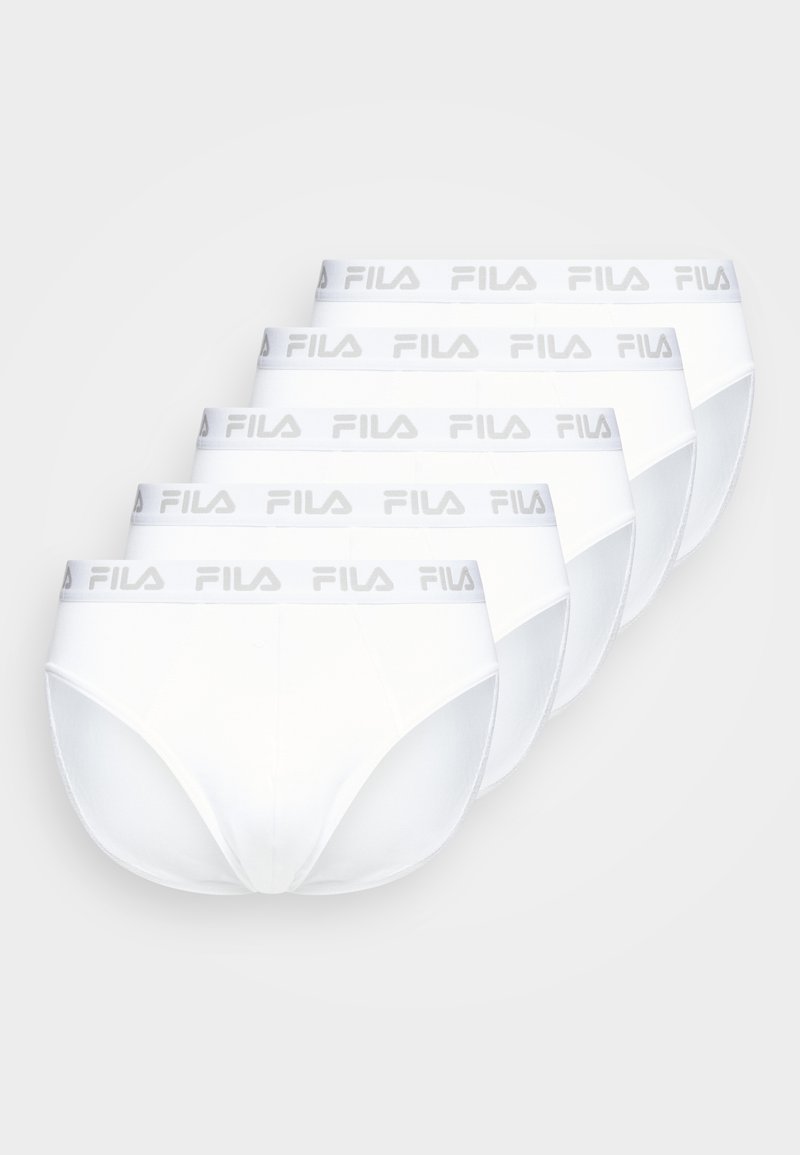 Pachet de cinci chiloți albi din bumbac, cu o bandă elastică moale pe talie, având branding gri "FILA". Croială clasică, cu o textură netedă și fără modele.