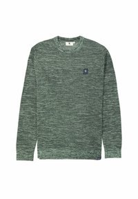 Groene langemouwen trui van structuurstof, met een ronde hals en een klein logo op de borst. Geribde manchetten en zoom.