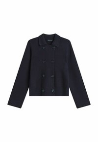 Marineblauwe gebreide cardigan met een kraag, dubbele knoopsluiting en lange mouwen. Voorzien van een geribbelde zoom en een gestructureerde stof.