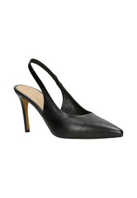 Zwarte leren slingback hoge hak schoen met puntige neus en smalle hak, beige binnenzool met merknamen.